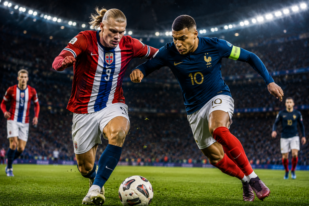 Norway vs France players line up before kickoff of FIFA World Cup 2026 Group I match at Boston Stadium on June 26 2026